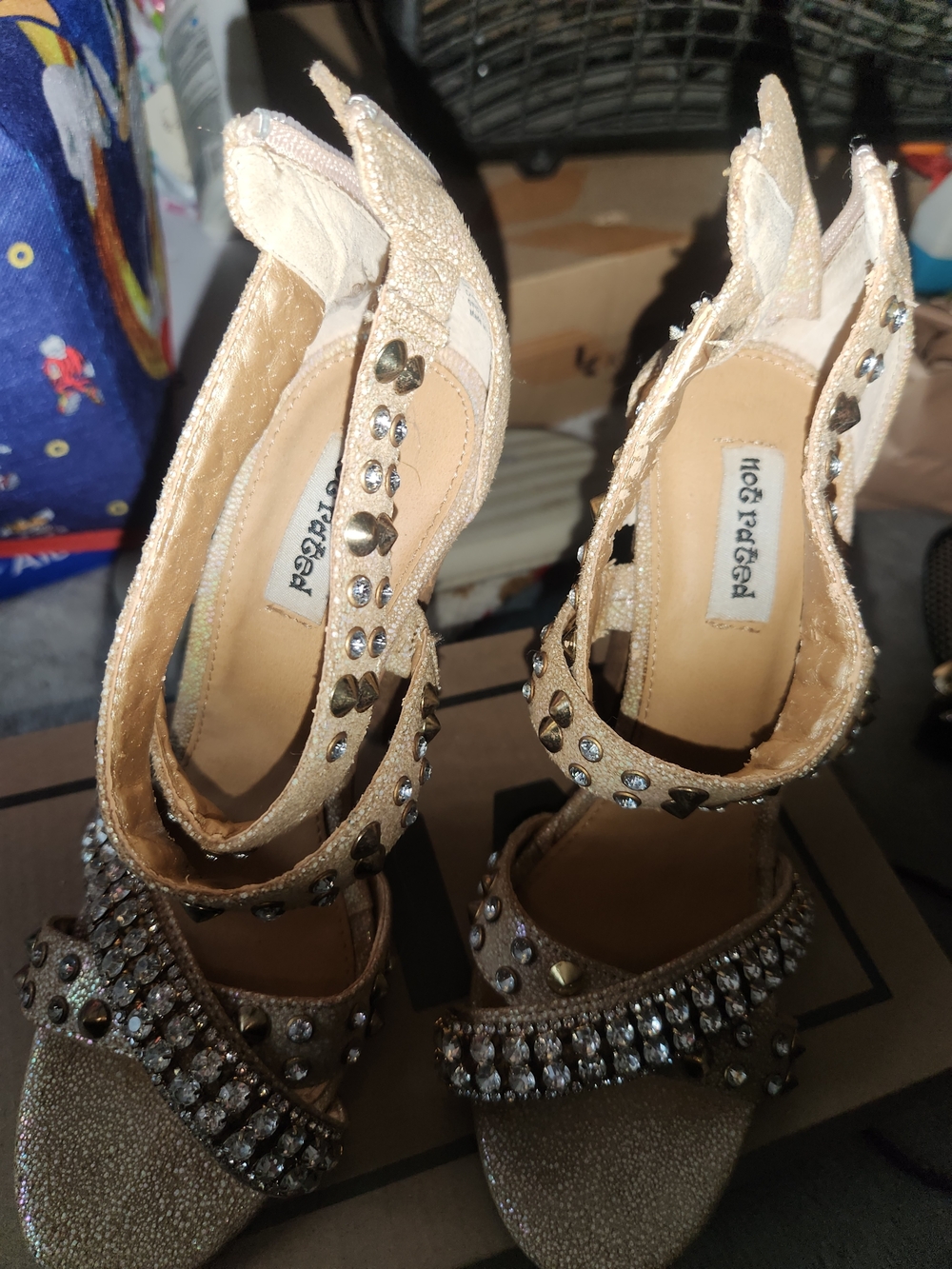 Studded Champagne Heeled Sandals with Rhinestone Straps